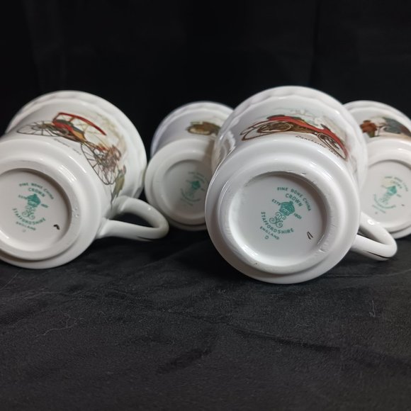 Staffordshire Tea Cups LOT of 4 with Antique Cars Victorian People and Gold Gild - Picture 8 of 15